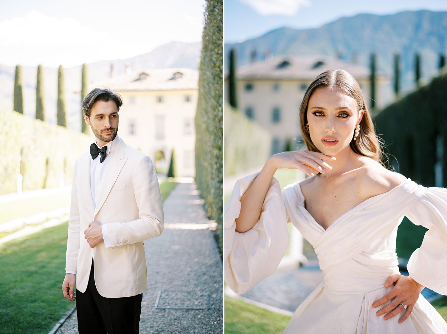 groom in white jacket with black lapels and bride in wedding gown designed by Ines Di Santo