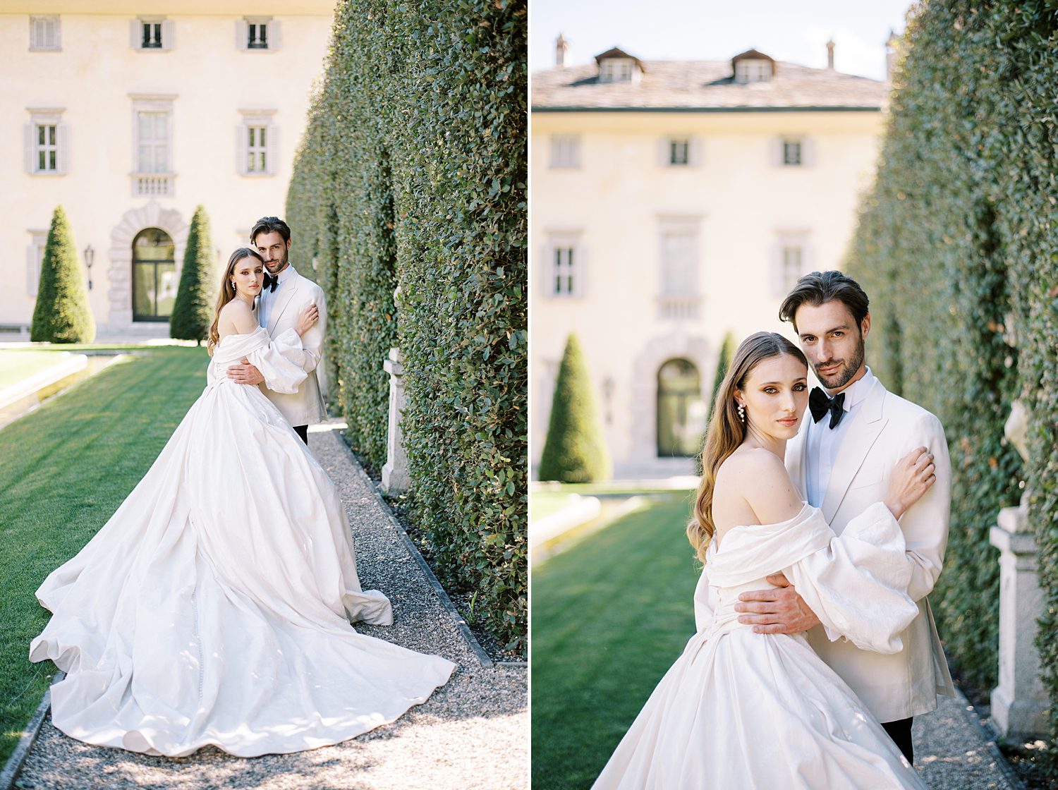 groom in ivory tux hugs bride in off-the-shoulder gown at Villa Balbiano