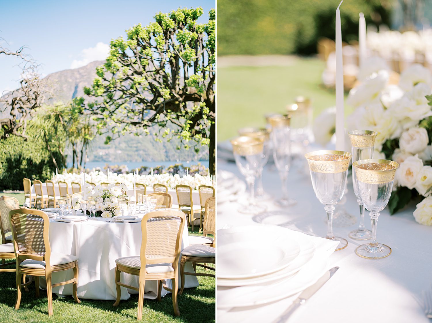 wedding reception on lawn at Villa Balbiano with gold rimmed glasses 