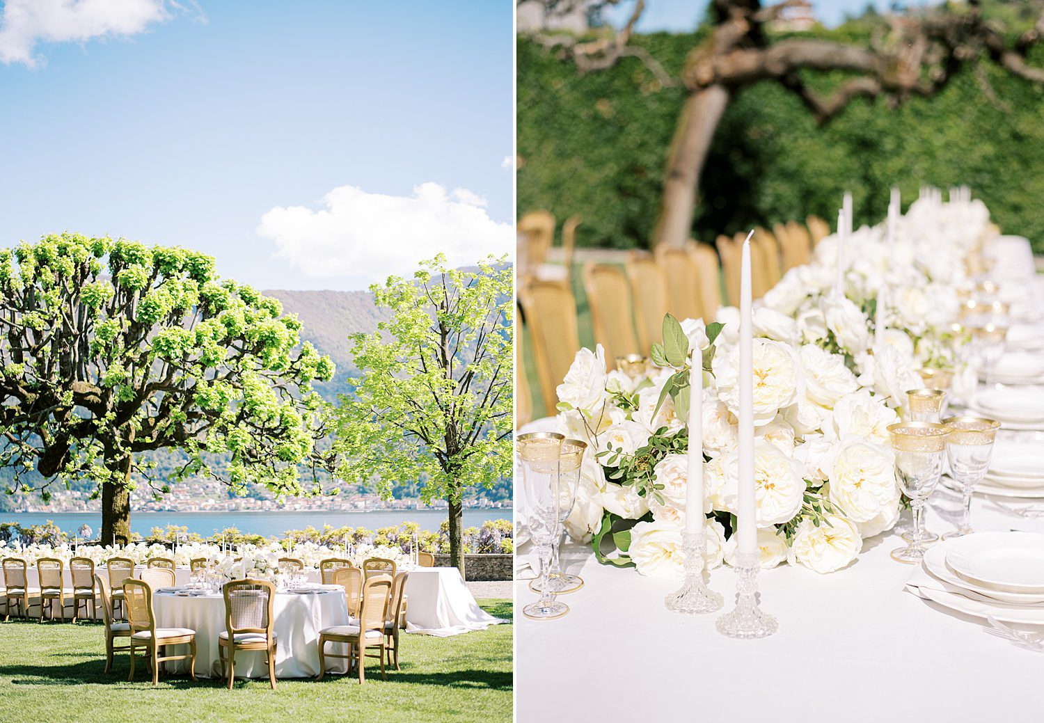 garden wedding reception on lawn at Villa Balbiano with ivory roses
