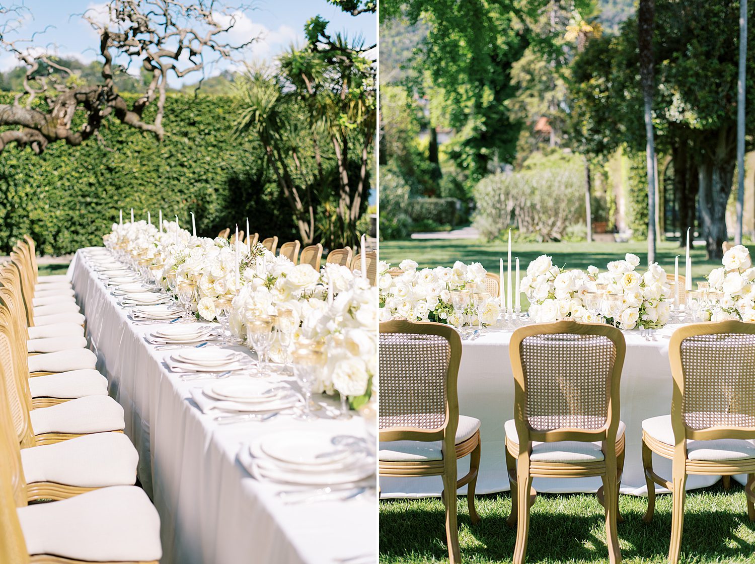long table at Villa Balbiano for wedding reception in garden 