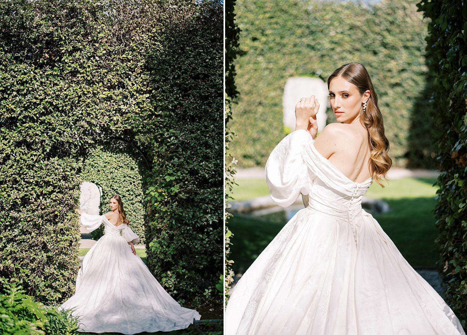 bride poses in front of ivy wall at Villa Balbiano
