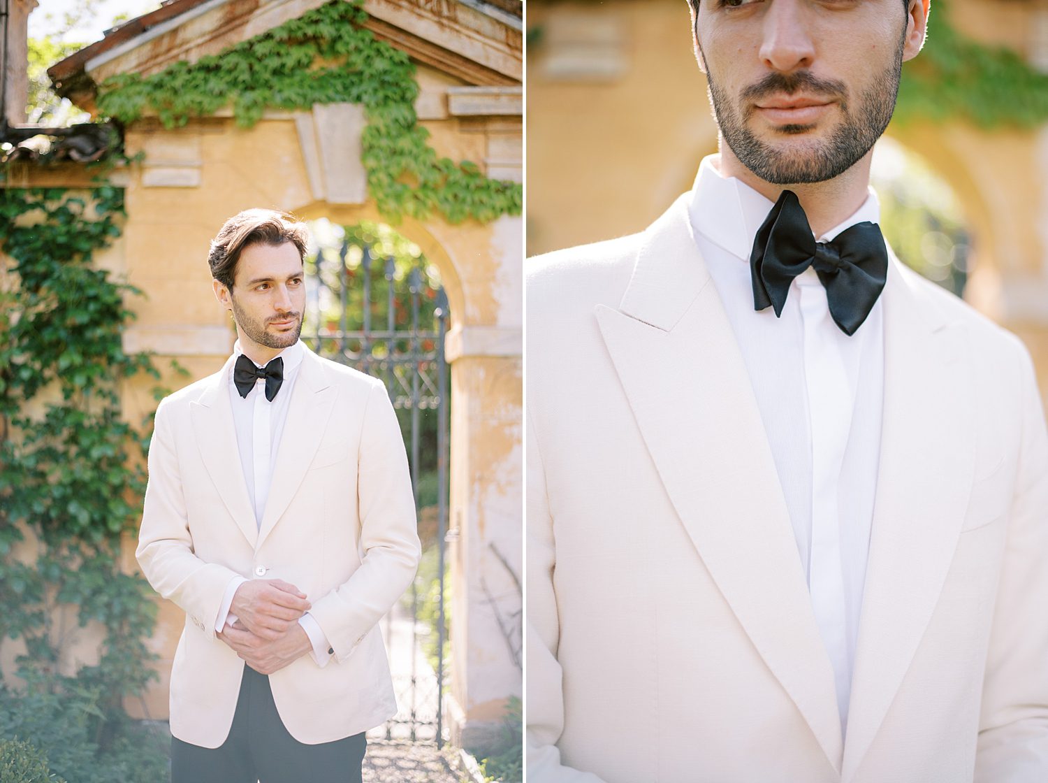 groom in ivory tux jacket with black tie