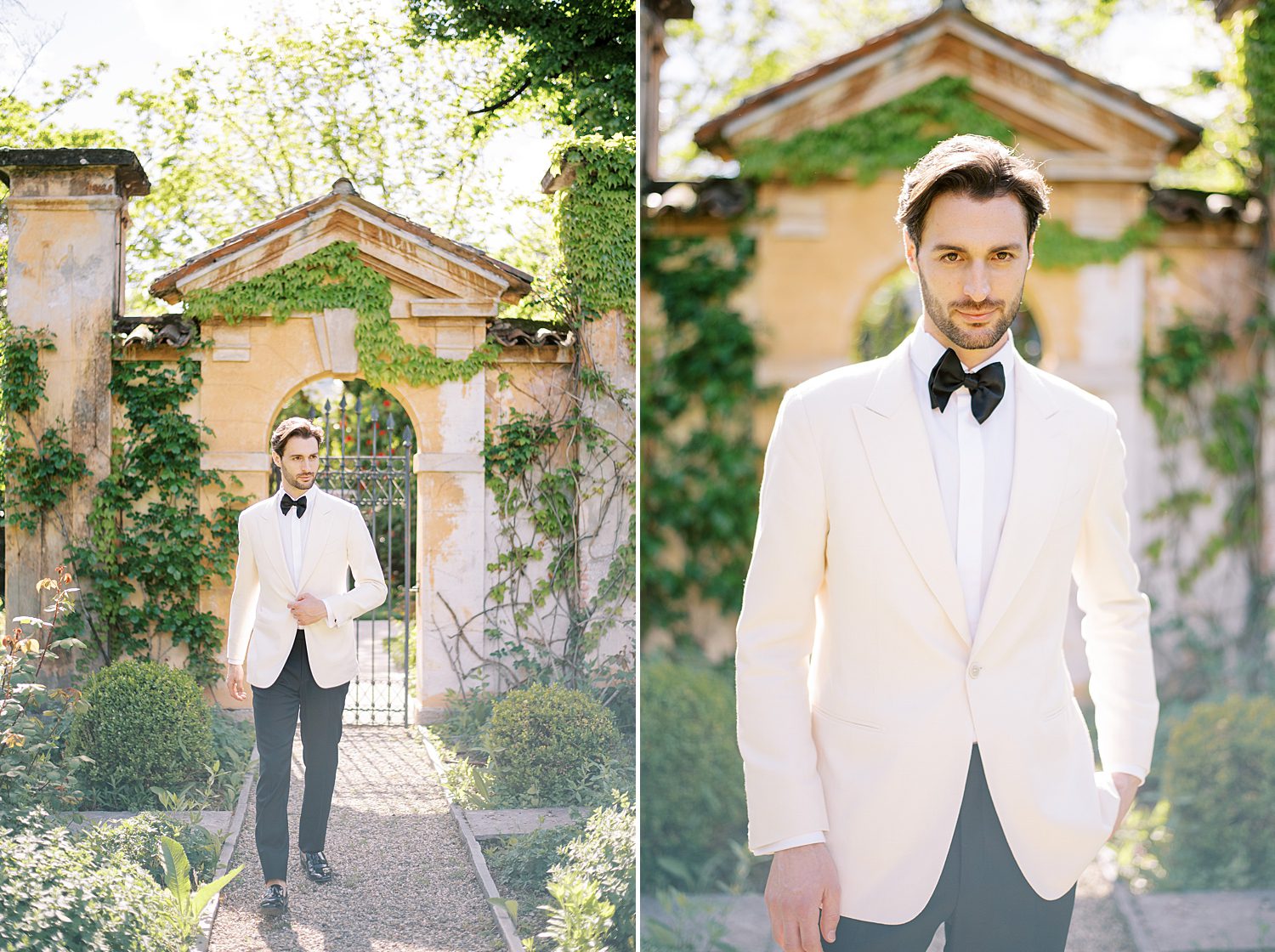 groom walks in ivory jacket with black bow tie at Villa Balbiano