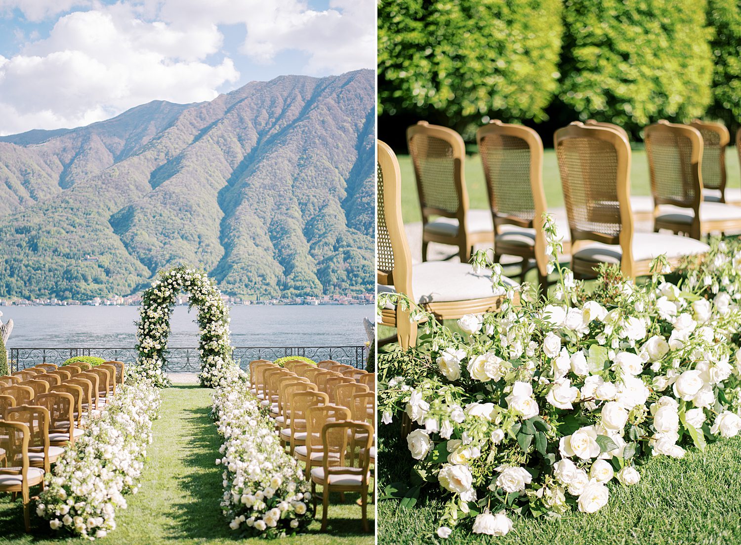 ceremony site on lawn at Villa Balbiano with Ivory roses
