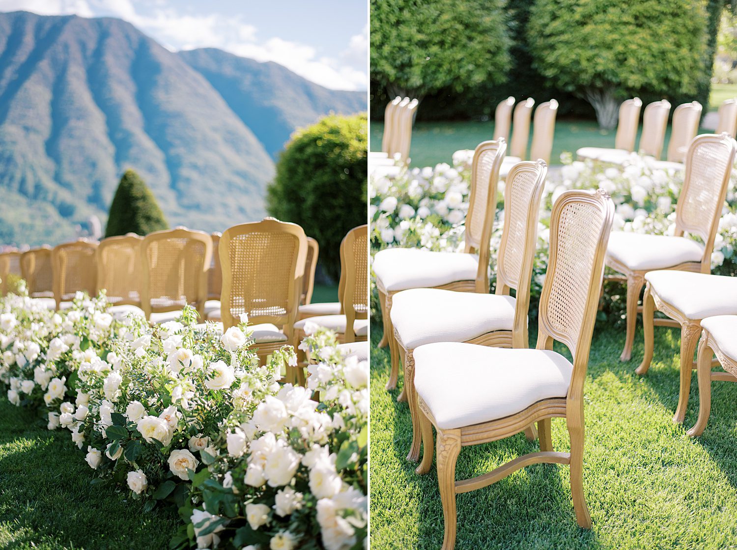 ceremony setup with tan chairs with ivory rose details 