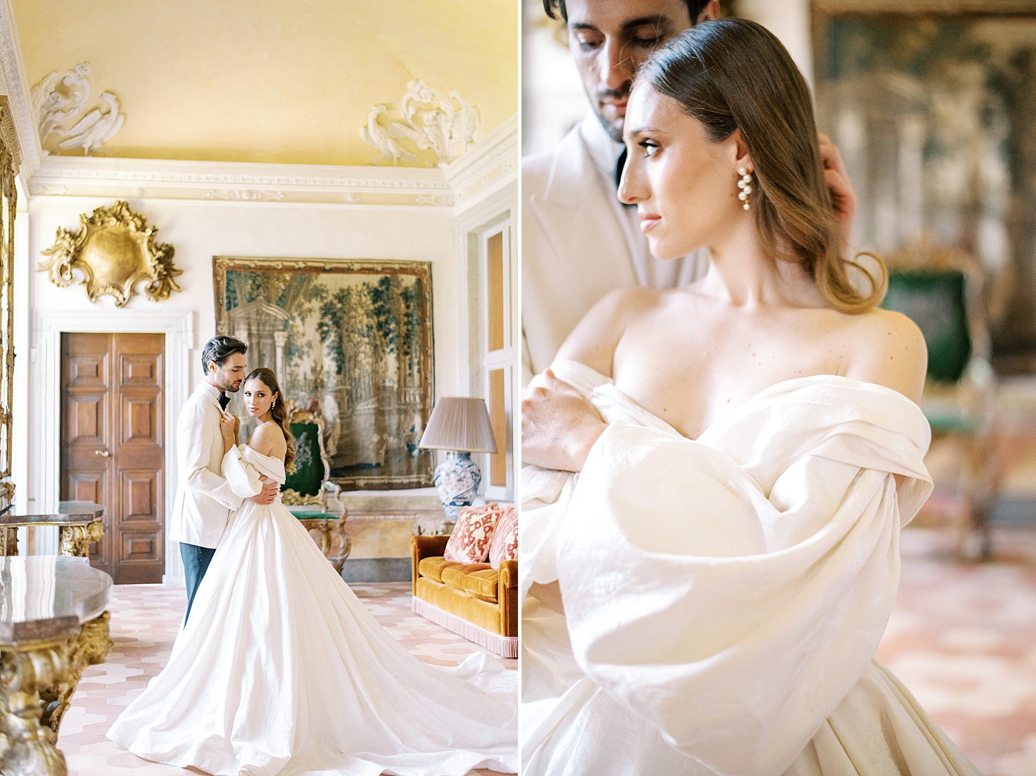 bride and groom hug inside Villa Balbiano in off-the-shoulder wedding gown