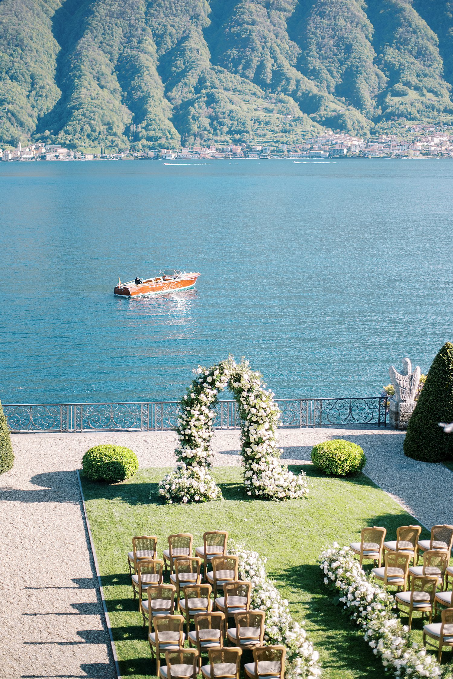 ceremony site on lawn at Villa Balbiano in front of Lake Como