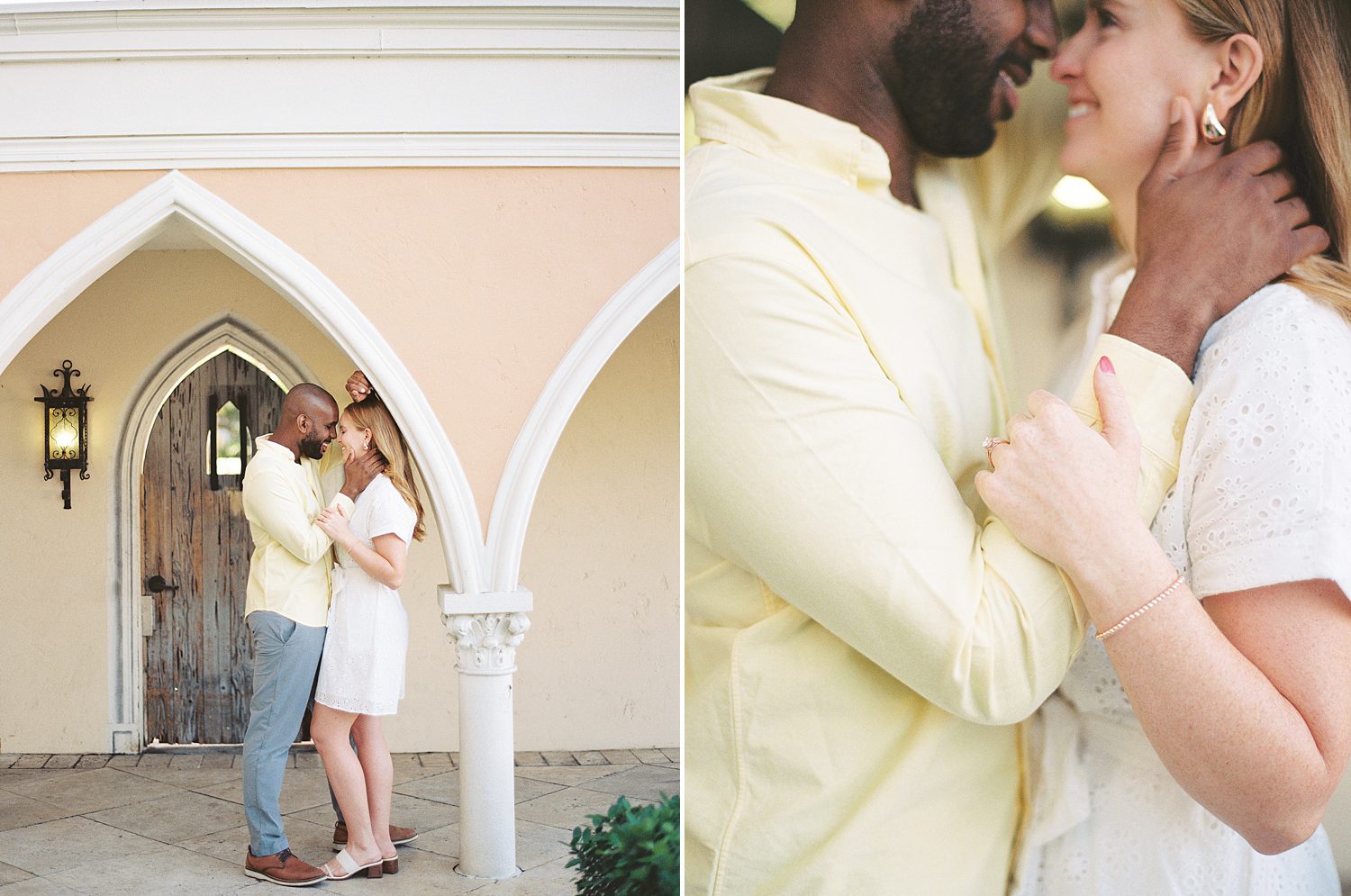 engaged couple leans against archway of apartment complex in Tampa FL