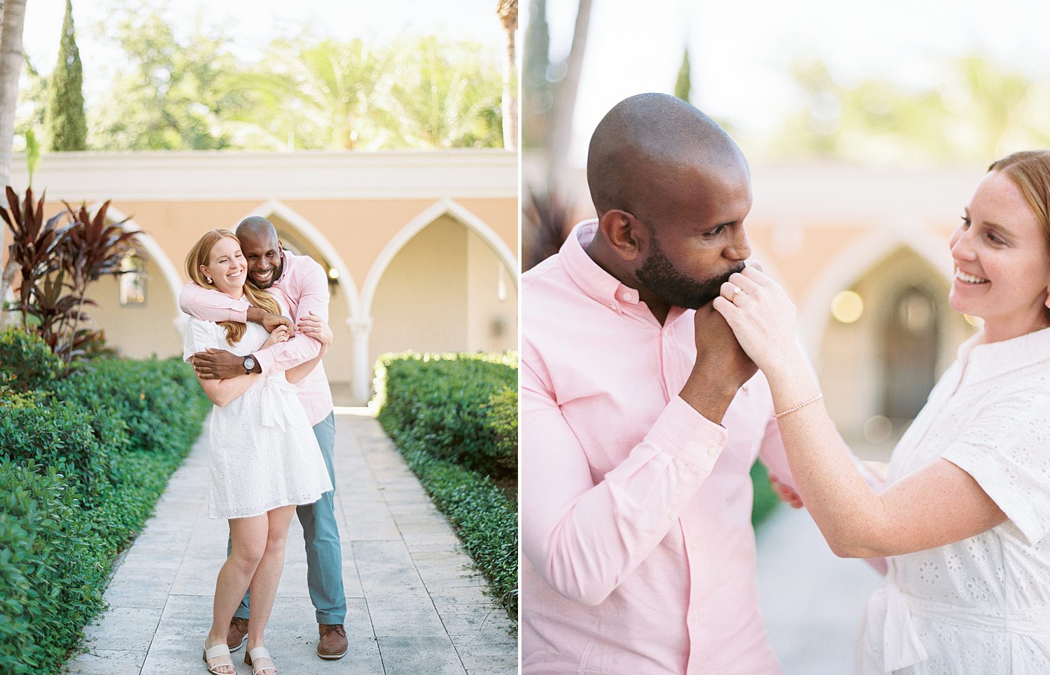 man in pink shirt kisses woman's hand during Davis Island Engagement Session