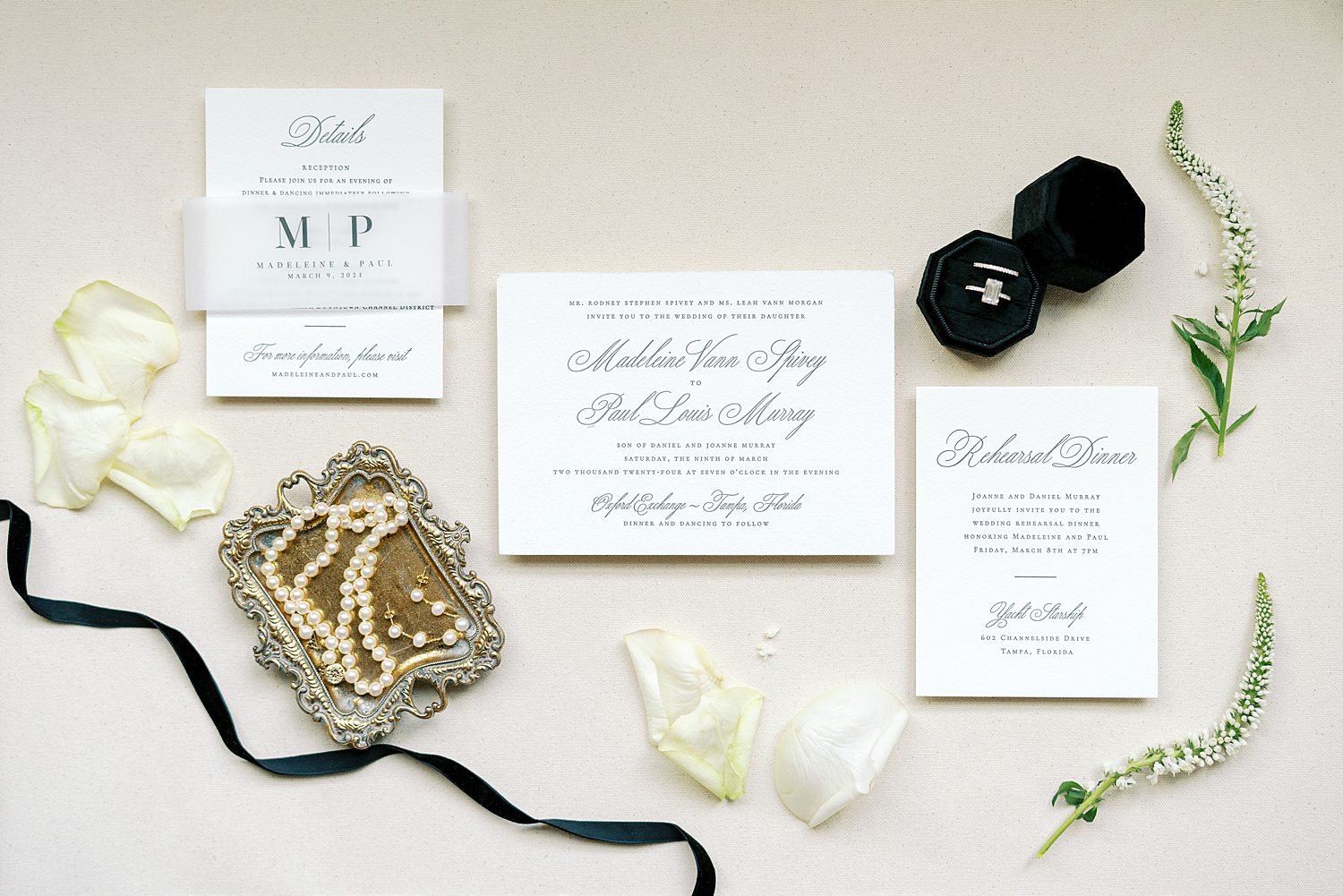 black and white scripted invitation suite for elegant wedding at the Oxford Exchange