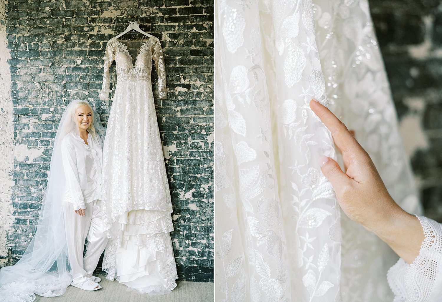 bride holds skirt of wedding dress hanging on wall at the Oxford Exchange