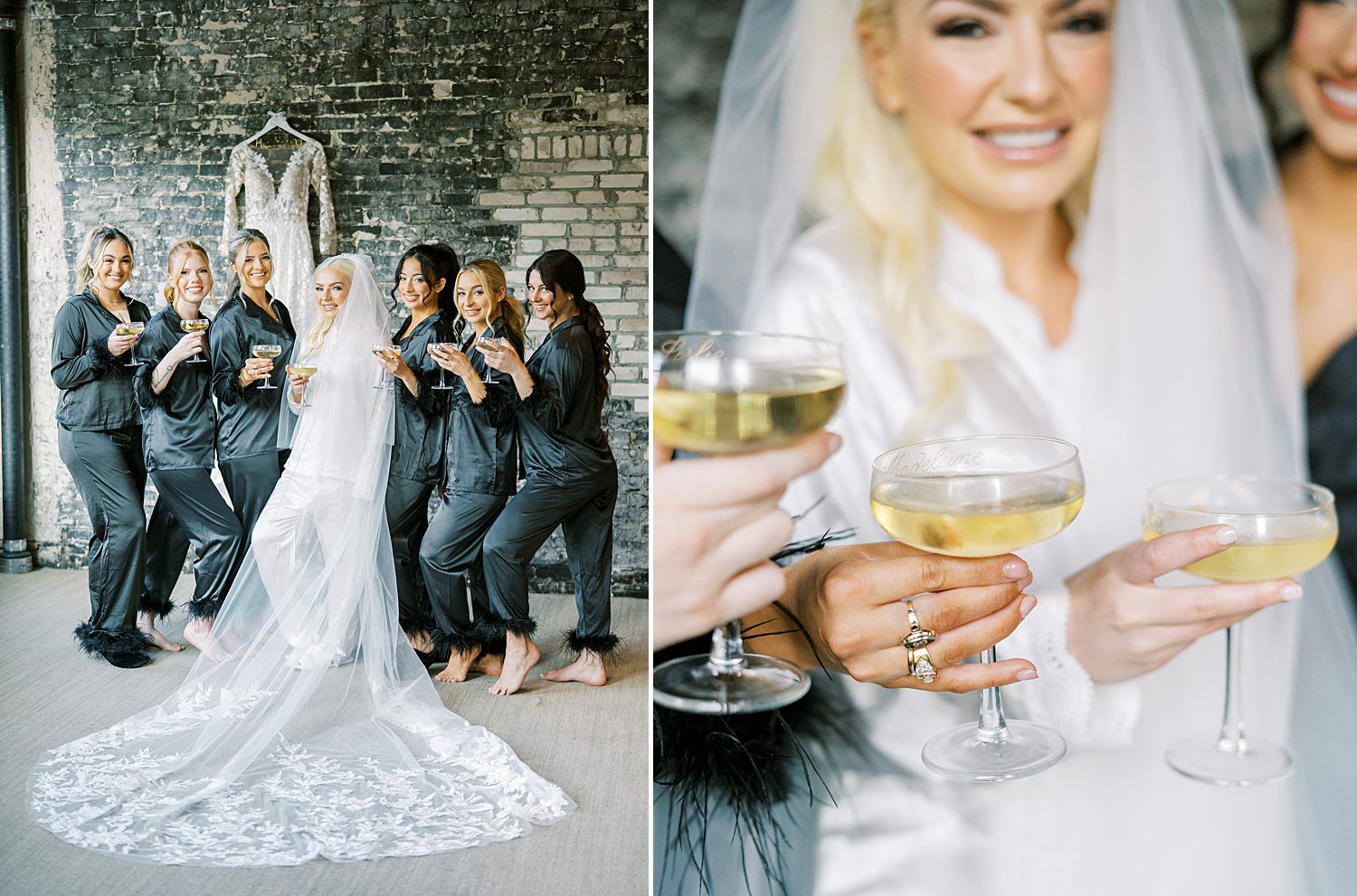 bride holds custom cocktail with bridesmaids in matching silk pajamas 
