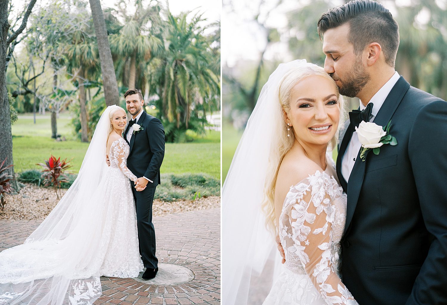 groom kisses bride's forehead as they hug on Tampa FL wedding day 