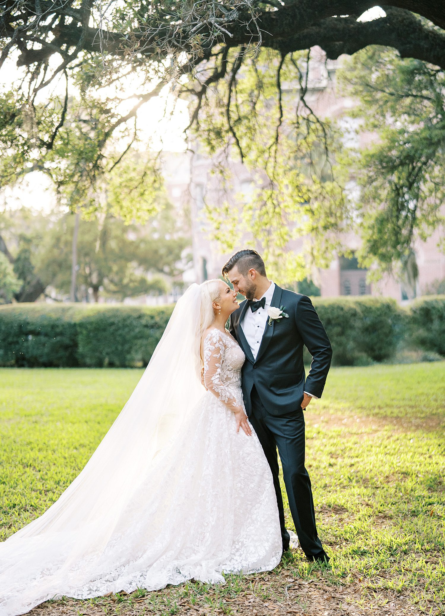 bride and groom hug under tree with Spanish moss in Tampa FL
