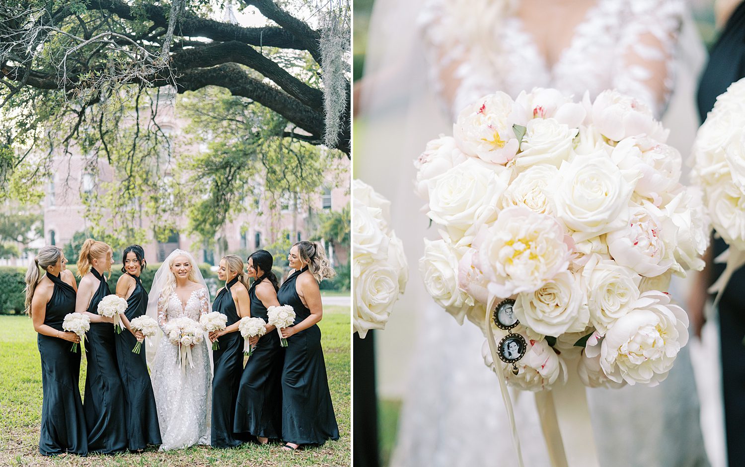 bride holds bouquet of ivory flowers under tree with Spanish moss