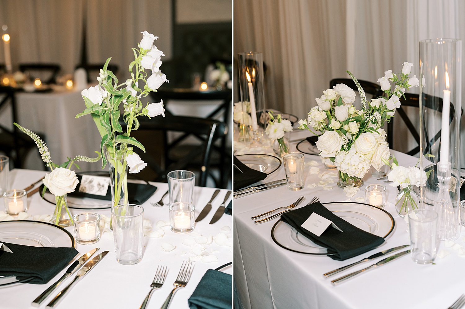 black and white place setting for elegant reception at the Oxford Exchange