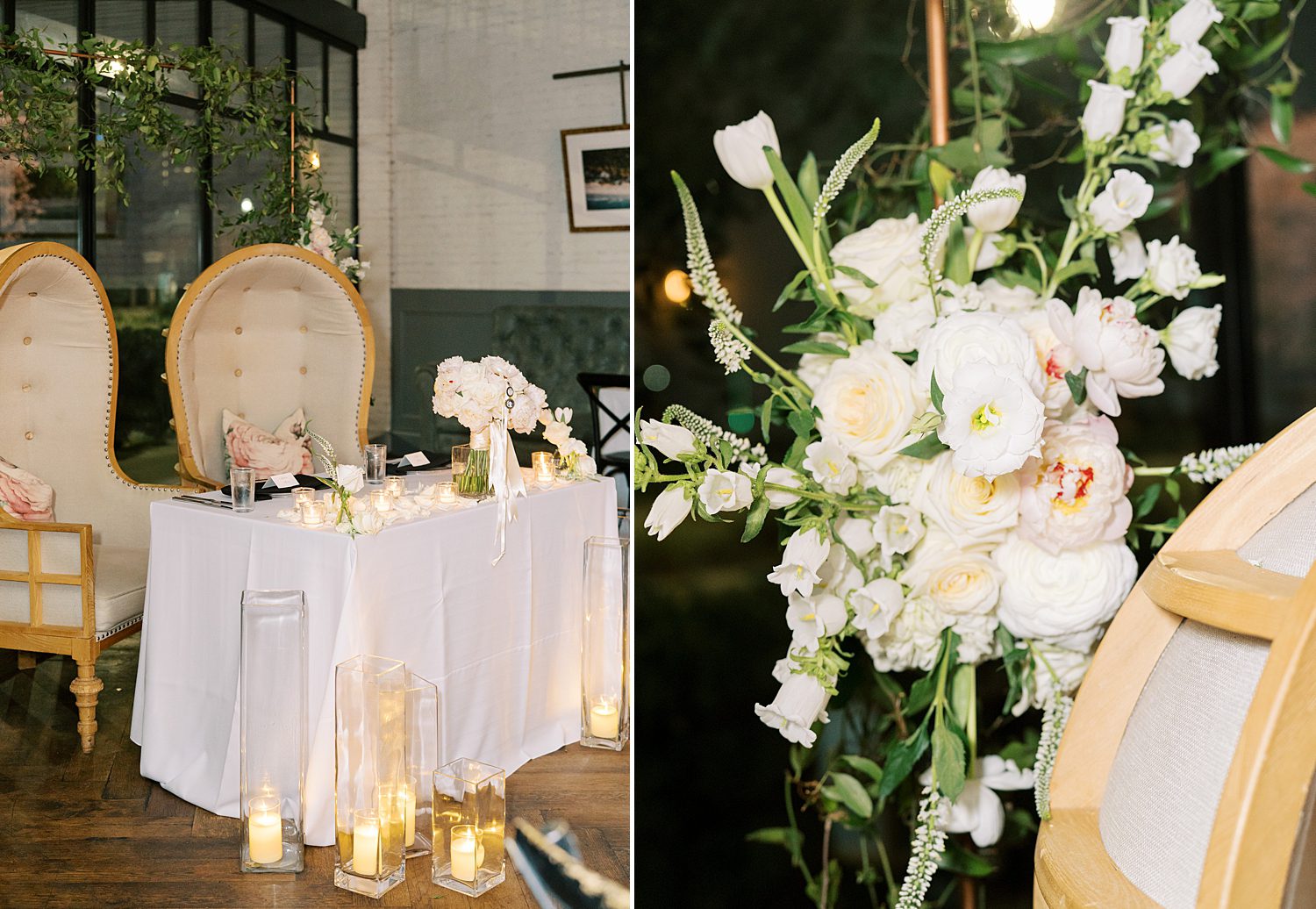 wedding reception with white florals around table