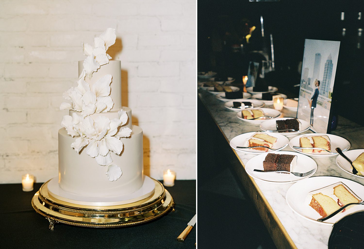 tiered wedding cake with white accents on table at the Oxford Exchange