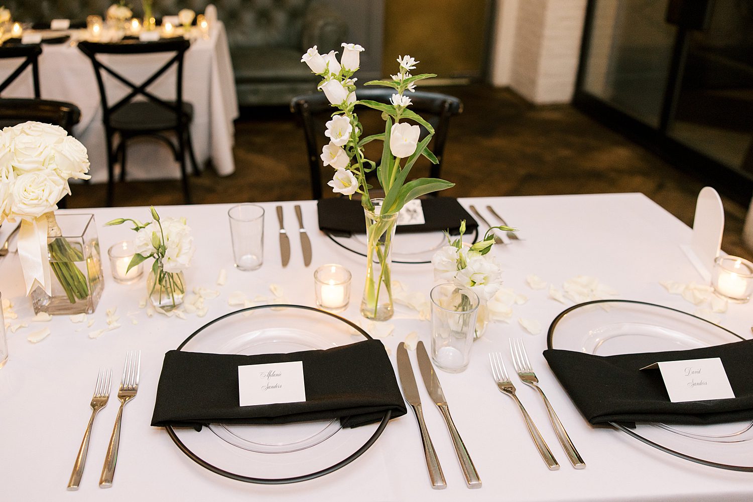 black and white place settings for elegant wedding reception at the Oxford Exchange