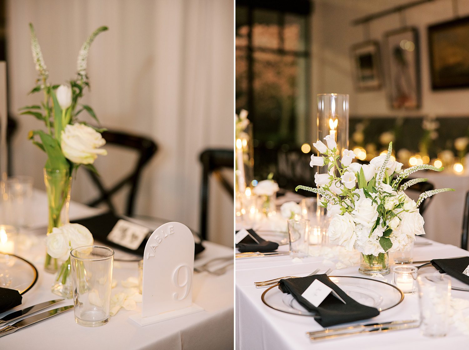 wedding reception with black and white place settings at the Oxford Exchange