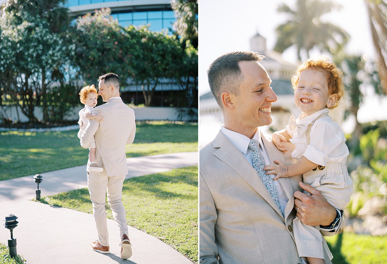 groom walks carrying son alongside walkway at the Rusty Pelican Tampa