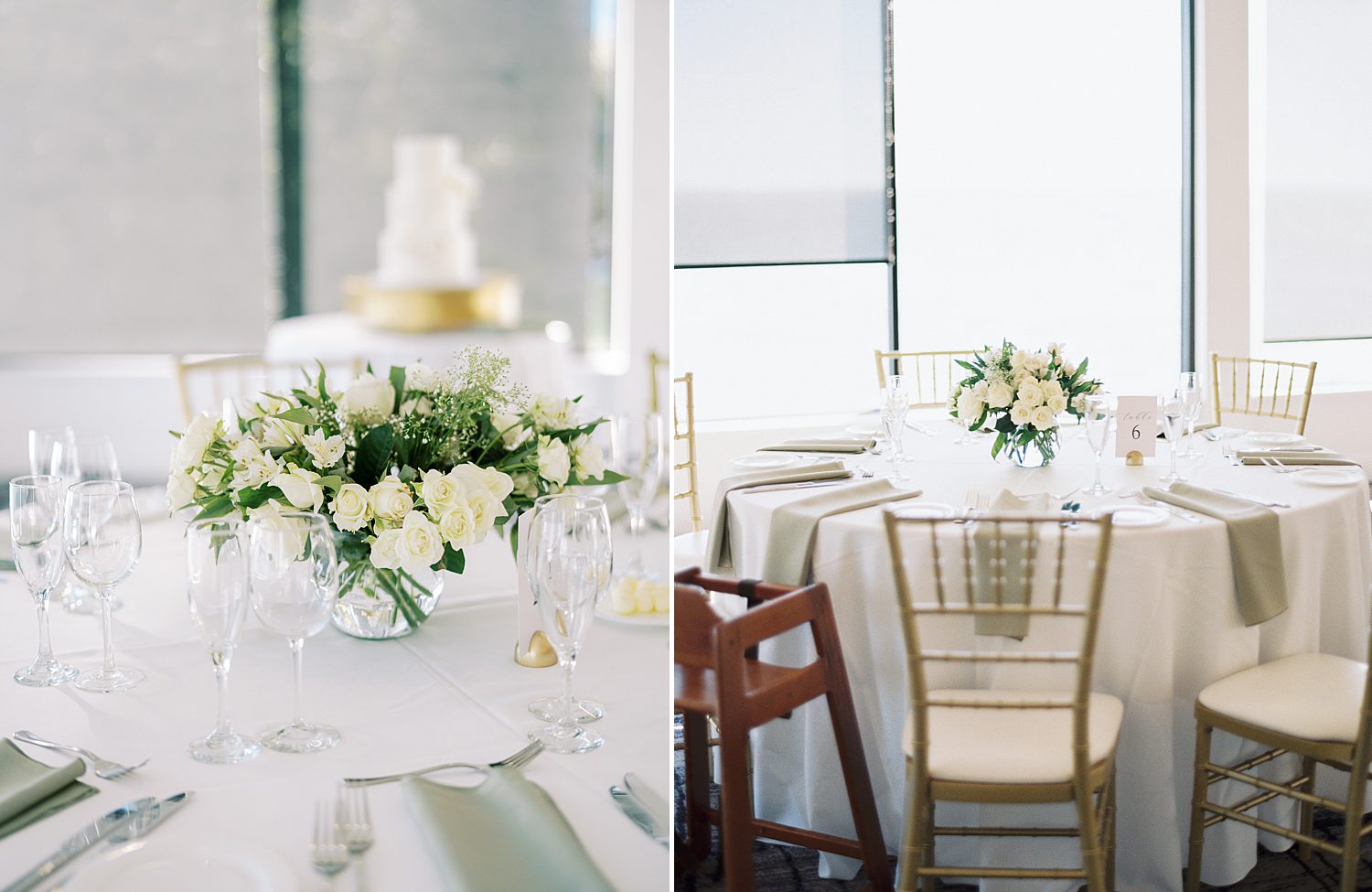 wedding reception at the Rusty Pelican Tampa with white and sage green accents 