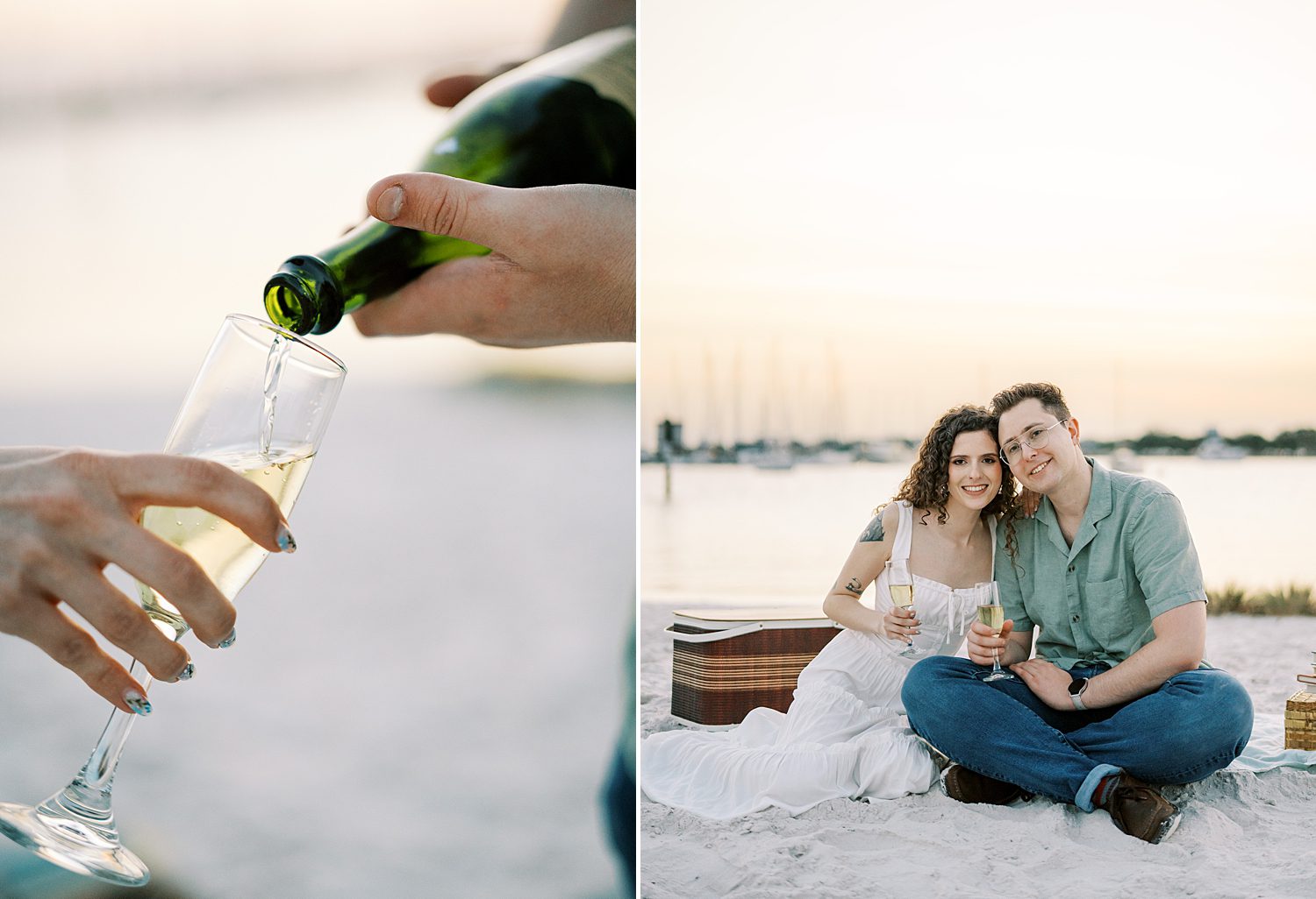 man pours champagne into glass on beach at sunset 