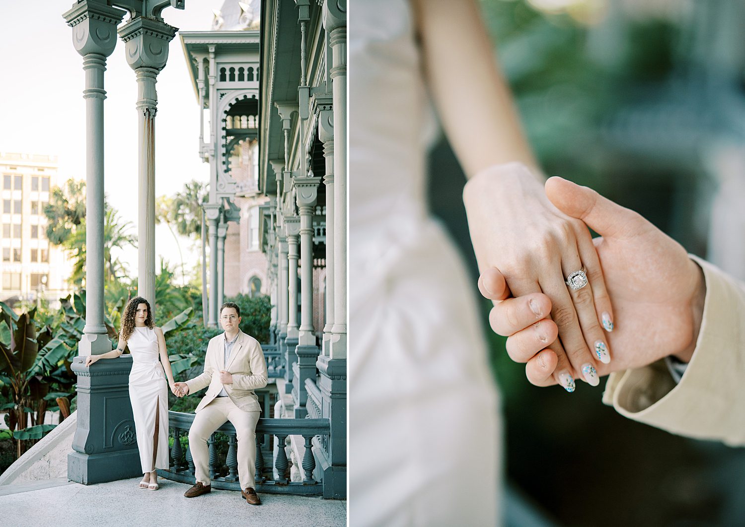 man holds woman's hand showing off engagement ring sitting against railing at the University of Tampa 