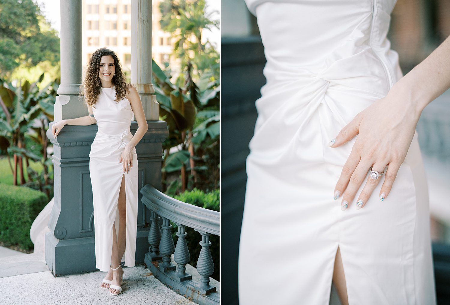 brunette woman in silk white dress puts hand on her hip to show off engagement ring 