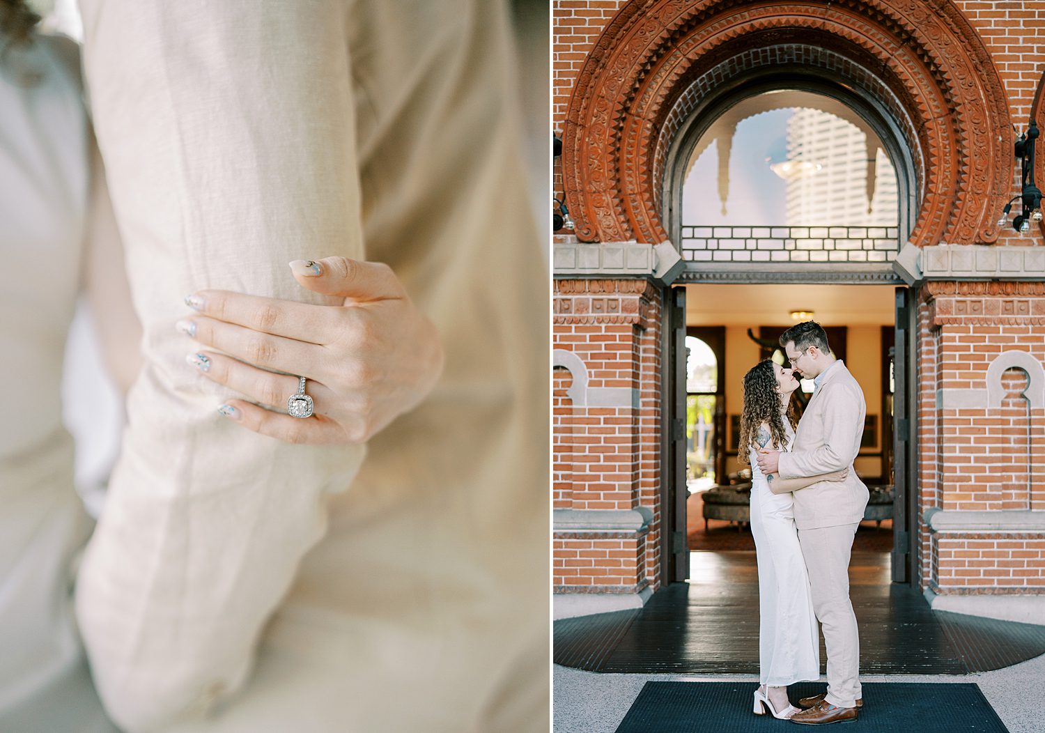 man and woman hug in doorway of brick arch at University of Tampa