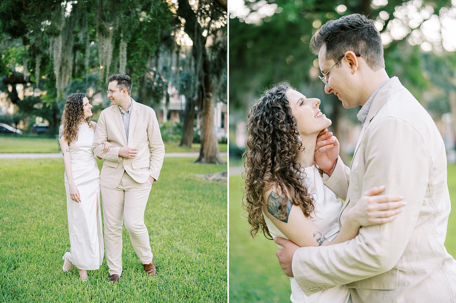 man holds woman's chin lifting her head to look at him during University of Tampa engagement photos 