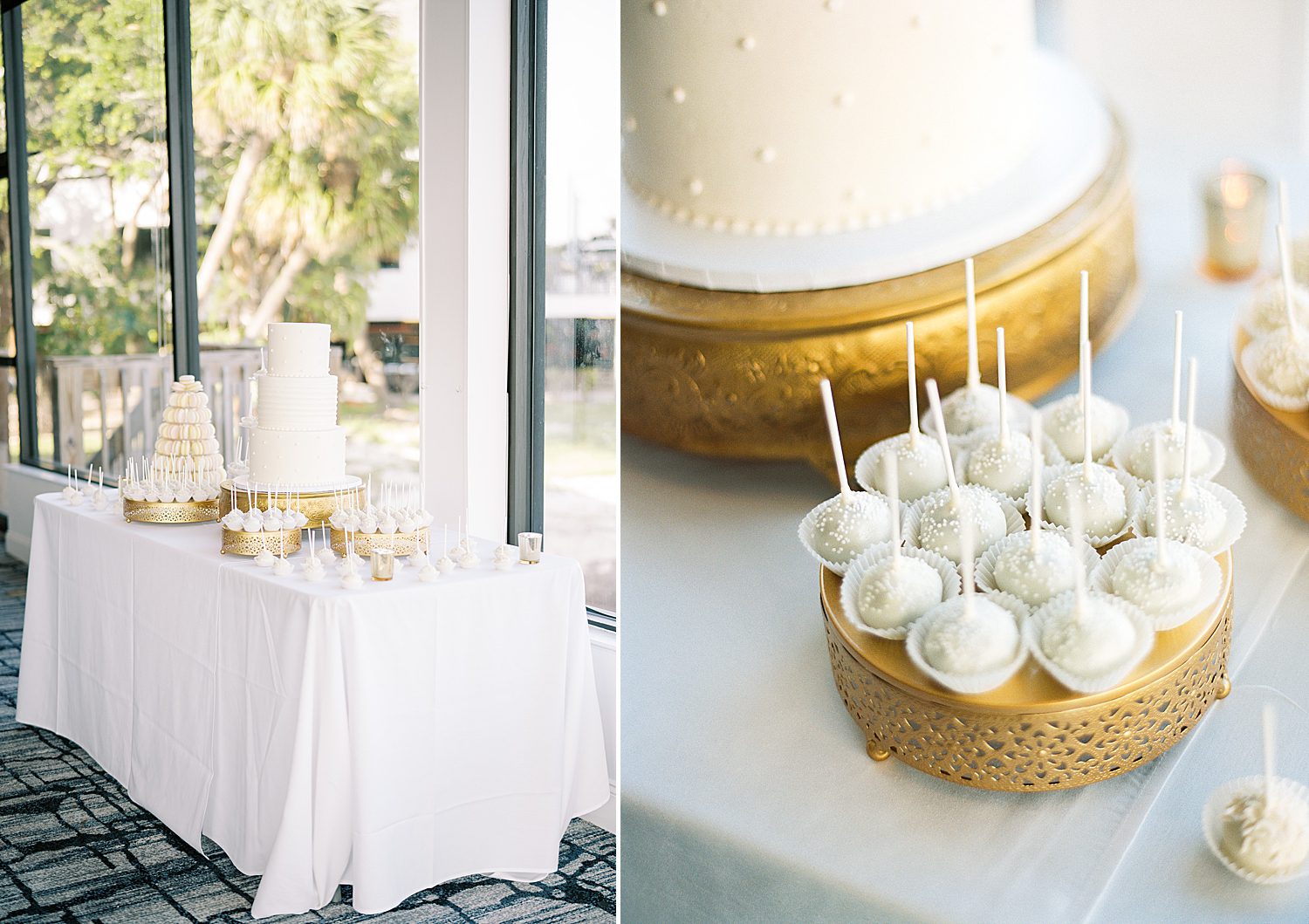 wedding reception sweet display with cake, cake pops and macarons at Rusty Pelican Tampa