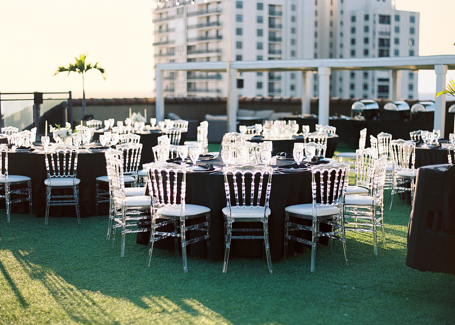 inspiration for Hotel Zamora weddings including rooftop reception with black and white details 