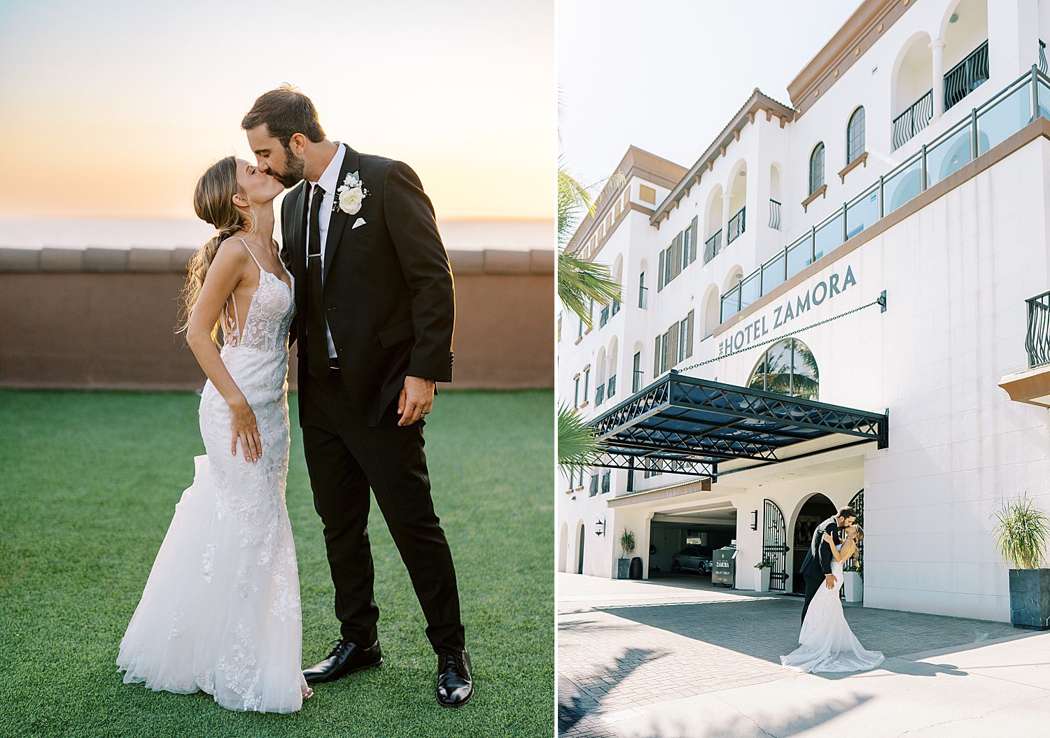 bride and groom kiss during Hotel Zamora wedding day